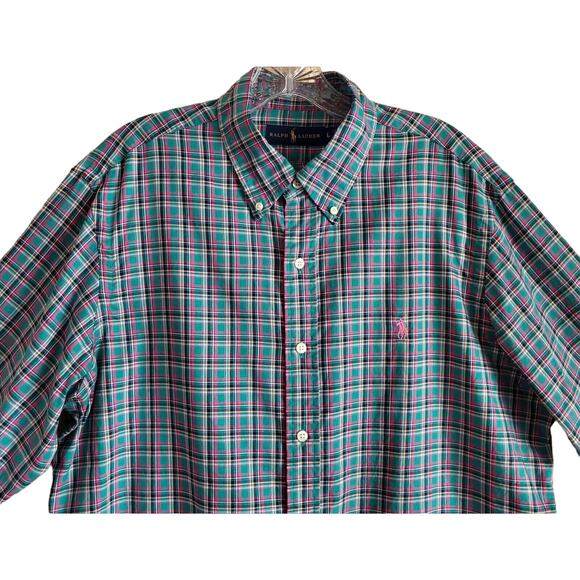 RALPH LAUREN Men's L Shirt Plaid Green Pink Button Down Pony Logo Cotton 46" - Picture 2 of 8